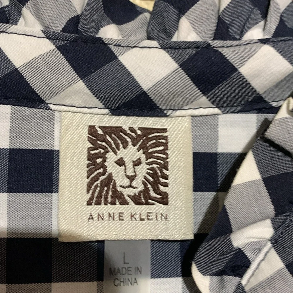 Anne Klein Navy and White Top Gingham Plaid Front Buttons 3/4 Sleeve Cotton - Picture 9 of 16